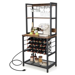 COSTWAY Wine Bar Cabinet With 4 Tier Storage Shelves Glass Holders Bottle Racks Industrial