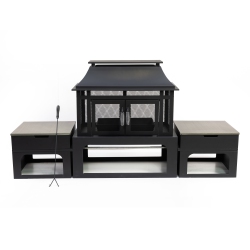 DEKO LIVING 70 Inch Rectangular Outdoor Steel Wood Burning Fireplace With Log Storage, Poker And Side Tables