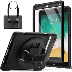 GENER Ipad 9.7-Inch Case (6Th/5Th Gen, 2018/2017) - Built-In Screen Protector, Shockproof Rugged Cover With 360° Rotating Hand Strap Stand (Black)