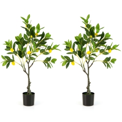 COSTWAY 2 PCs 2.6 Ft Tall Artificial Lemon Tree With Lemon Fruits, Cement Pot for Porch, Office