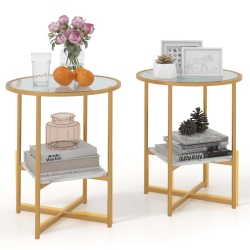 COSTWAY 2PCs Glass End Table 2-Tier 20" Round Side Table With Faux Marble Storage Shelf