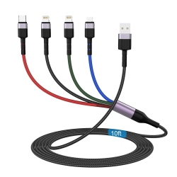 UNKNOWN 3M/10Ft Multi 4 In 1 USB Universal Iphone Charging Cable, Lightning2+Type C+Micro USB Long Nylon Braided Phone Charger