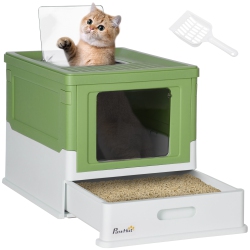PAWHUT Cat Litter Box, Enclosed Foldable Kitty Litter Box With Scoop, Tray, Front & Top Entry, Large Space, Portable Design, Dark In Green