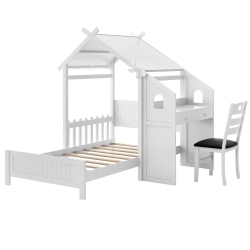 COSTWAY Twin House Bed With Desk & Chair With 2 Drawers Windmill Fence & Headboard for Teens