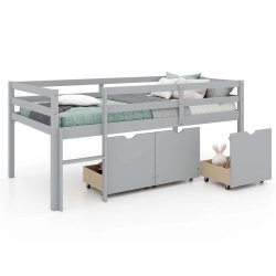 COSTWAY Twin Size Low Loft Bed With 3 Drawers Ladder & Full-Length Guardrails Storage
