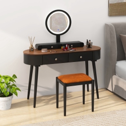 COSTWAY Solid Wood Makeup Vanity Desk Set With Led Lighted Mirror Drawers Cushioned Stool