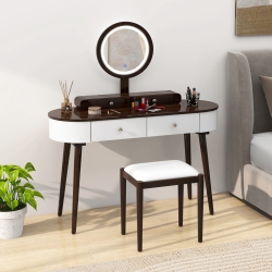 COSTWAY Solid Wood Makeup Vanity Desk Set With Led Lighted Mirror Drawers Cushioned Stool