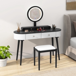 COSTWAY Solid Wood Makeup Vanity Desk Set With Led Lighted Mirror Drawers Cushioned Stool