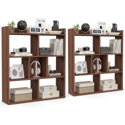 COSTWAY 2 PCs 7-Cube Bookcase Open Storage Shelf With Anti-Tipping Kits for Living Room Walnut