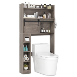 GYMAX Over The Toilet Storage Cabinet W/ Sliding Barn Door Adjustable Shelves 2 Hooks