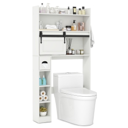 GYMAX Over The Toilet Storage Cabinet W/ Sliding Barn Door Adjustable Shelves 2 Hooks