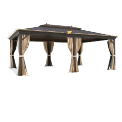 EROMMY 14' X 20' Outdoor Galvanized Steel Roof Gazebo Pergola W/ Aluminum Frame & Vertical Rain Cutter - In Brown