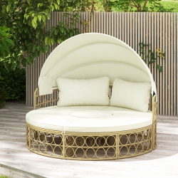 COSTWAY Outdoor Patio Round Daybed With Retractable Canopy Soft Cushions for Garden