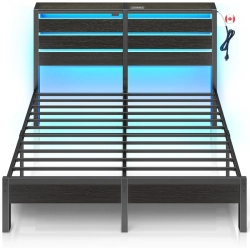 GENER Bed Frame Queen Size \w USB Charging Station, Led Bed Frame \w Wood Storage Headboard Metal Platform Bed \w Under Bed Storage, No Box Spring