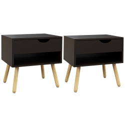 HOMCOM Set Of 2 Bedside Table With Drawer And Shelf, Modern Nightstand With Wooden Legs, End Table for Bedroom In Black