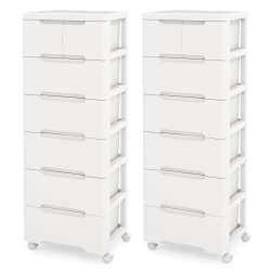 COSTWAY 2 PCs 7-Drawer Plastic Rolling Storage Cart With 4 Universal Wheels Dresser Cabinet