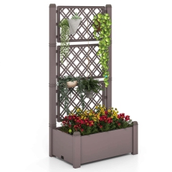 COSTWAY Outdoor Planter Box With Trellis Water Level Indicator Removable Space Dividers