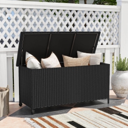 COSTWAY 85 Gallon Rattan Deck Box With Waterproof Liner Universal Wheels & Gas Strut