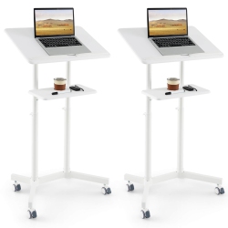 COSTWAY 2 PCs Mobile Lectern Podium With Tilting Top Storage Tray Lockable Casters In White
