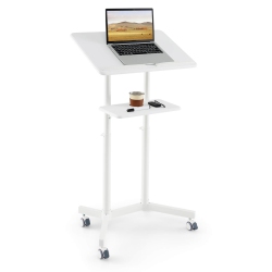 COSTWAY 1 PCs Mobile Lectern Podium With Tilting Top Storage Tray Lockable Casters In White