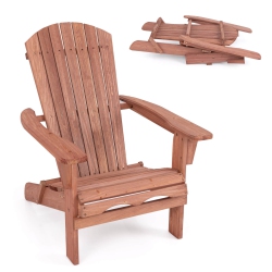 COSTWAY Folding Adirondack Chair Set Of 1 With High Backrest & Wide Armrests Wooden In Brown