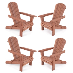 COSTWAY Folding Adirondack Chair Set Of 4 With High Backrest & Wide Armrests Wooden In Brown