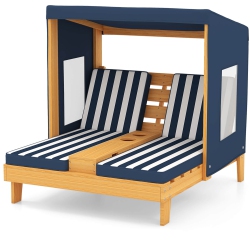 COSTWAY Kids Double Chaise Lounge Patio Lounge Chair With Cup Holders & Awning