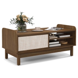 COSTWAY Rectangular Coffee Table With Storage Weaving Sliding Door & Adjustable Shelf