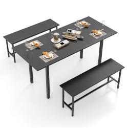 COSTWAY 3 Piece Dining Table Set for 4-6 63"kitchen Table With 2 Benches Metal Frame