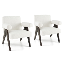 COSTWAY 2 PCs Upholstered Armchair Modern Sherpa Accent Chair With Natural Rubber Wood Legs