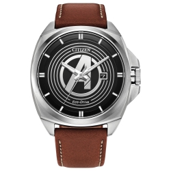 CITIZEN MARVEL Marvel Mens Avengers Japanese Eco-Drive Watch 42MM Silver-Tone Stainless Steel Case Leather Strap With Black Dial (Aw1721-08W)