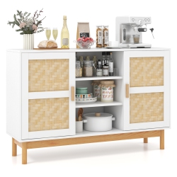 COSTWAY 48" Sideboard Buffet Cabinet With 2 Bamboo Woven Doors 3 Open Shelves for Kitchen