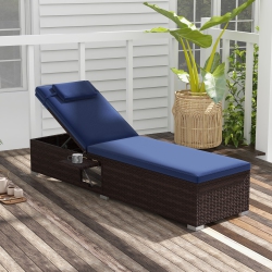 COSTWAY 1 PCs Patio Chaise Lounge With 6-Level Backrest Comfy Seat Cushion & Headrest Backyard In Navy