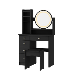 FAMAPY Vanity Desk Set \w Lighted Mirror, Makeup Vanity \w 5 Drawer & Shelf, Dressing Table \w Touch Screen Light for Bedroom, (31.5”W X 15.7”D X