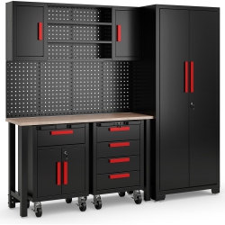 COSTWAY 6PCs Garage Cabinets And Storage System Set With Pegboard & Rubber Wood Worktop