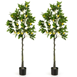 COSTWAY 2 PCs 5.2 Ft Tall Artificial Lemon Tree With Lemon Fruits, Cement Pot for Porch, Office