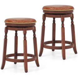 COSTWAY 24" Swivel Bar Stool Set Of 2 With Upholstered Seat & Rubber Wood Frame Round Walnut
