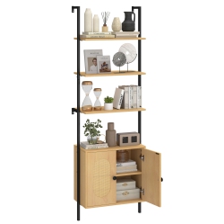 COSTWAY 1 PCs Ladder Bookshelf With Rattan Cabinet 71" Tall Wall Mounted Bookcase Natural