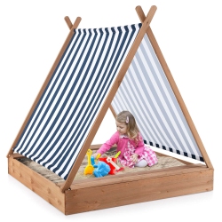 COSTWAY Wooden Sandbox With Canopy Tent Design Fir Wood Frame 2 Bench Seats Bottom