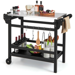 COSTWAY Movable Outdoor Dining Cart Table With Stainless Steel Tabletop, Seasoning Tray
