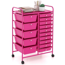 COSTWAY 15-Drawer Rolling Storage Cart Mobile Cart With Colorful Drawers & Metal Frame Hot In Pink
