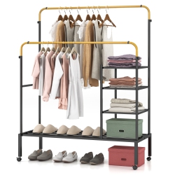 COSTWAY Rolling Clothes Drying Rack Double Rods Garment Rack With Height Adjustables
