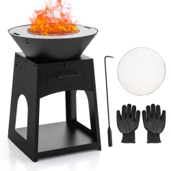 COSTWAY 24" Heavy Duty Fire Pit With Firewood Rack Fire Poker Gloves Grilling Rack Outdoor