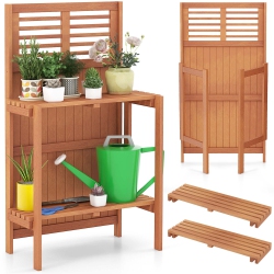 COSTWAY Wood Potting Bench Waterproof Garden Table With 2-Tier Open Storage Shelf