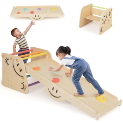 COSTWAY Wooden Climbing Toy Triangle Climber Set Of 2 With Seesaw Dual-Sided Ramp Indoor