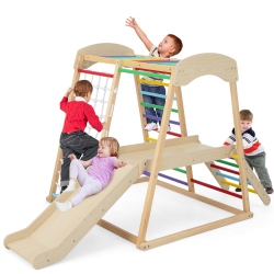COSTWAY 6-In-1 Indoor Jungle Gym Wooden Playground Climber Playset for Kids 1+ Years