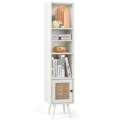 COSTWAY Rattan Storage Cabinet Freestanding Slim Organizer Wood Display Rack Living Room
