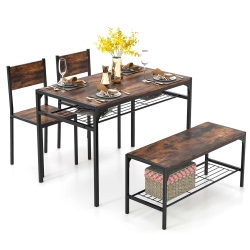 COSTWAY Dining Table Set for 4 Rectangular Table With 2 Chairs, 1 Bench, Storage Racks Rustic