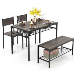 COSTWAY Dining Table Set for 4 Rectangular Table With 2 Chairs, 1 Bench, Storage Racks Rustic