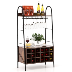 COSTWAY Industrial Wine Rack Freestanding Bottle Holder With Stemware Holder & Open Shelves